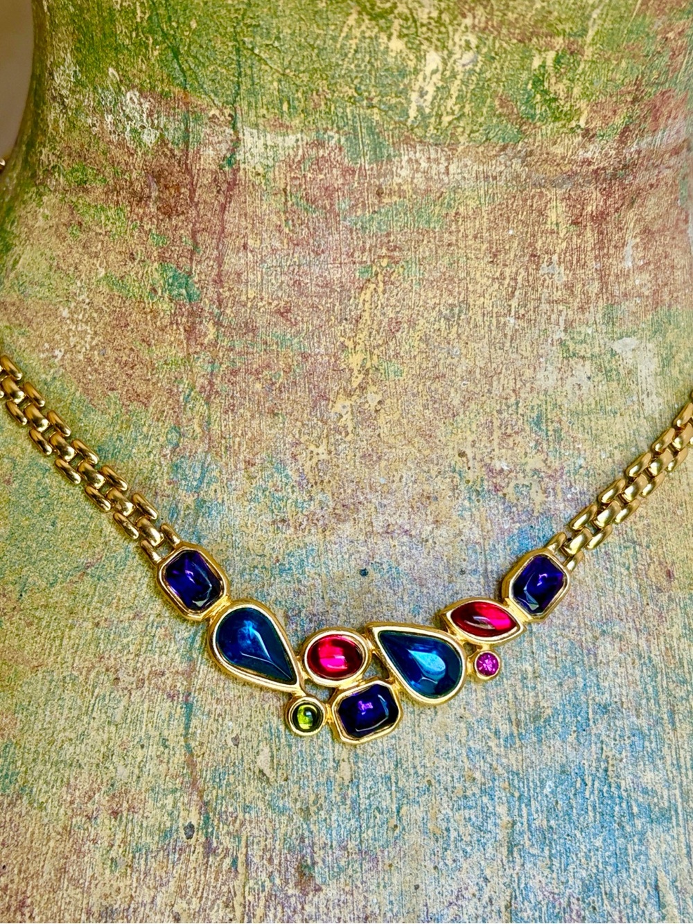 Vintage Trifari Jewel Tone Cabochon Collar Necklace Gold Tone Statement 80s 90s
